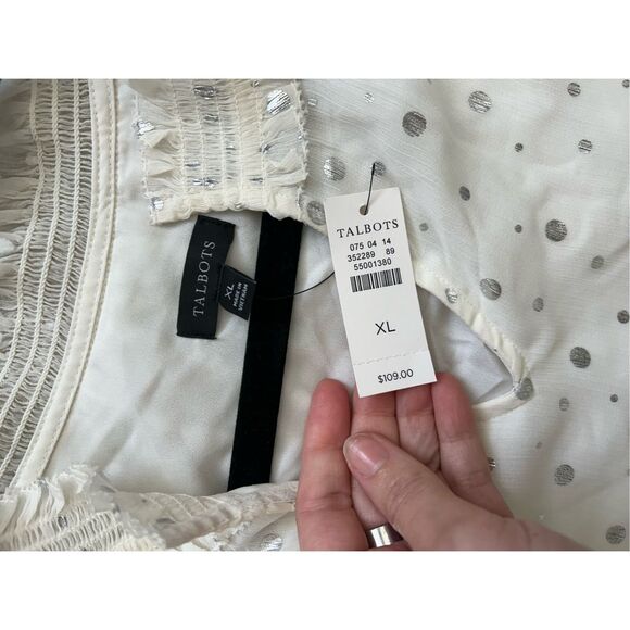 Talbots NWT Smocked Cheerful Dots Top White Silver Polka Dots, Sz XL, MSRP $109 - Picture 7 of 11